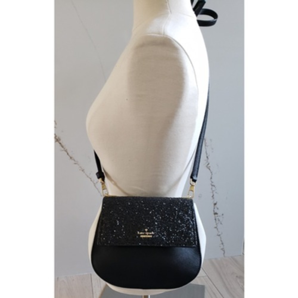Kate Spade Byrdie Crossbody Bag Small Black Leather Glitter Cameron Flap Purse